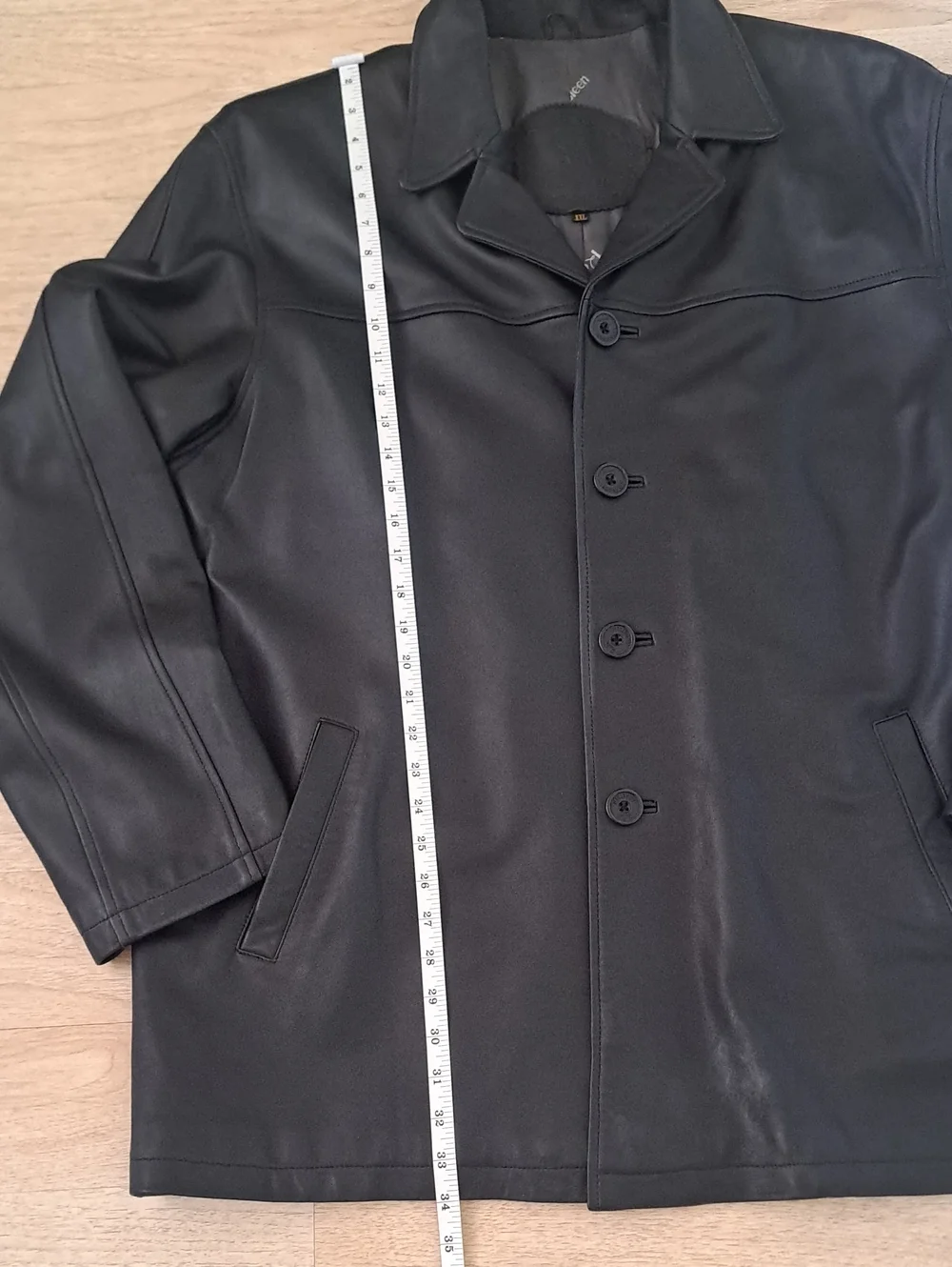 Rosleen Men's Black Genuine Leather Pea Coat - Classic Button Front